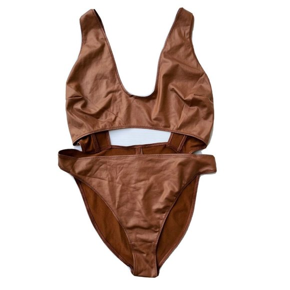 SKIMS Kim Kardashian Wet Jersey Cutout Swimsuit in Copper - Picture 2 of 3